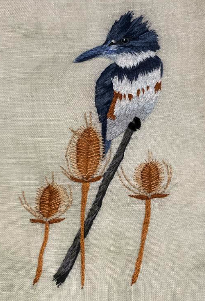 Belted king fisher hand embroidery designed by Susan Palmer